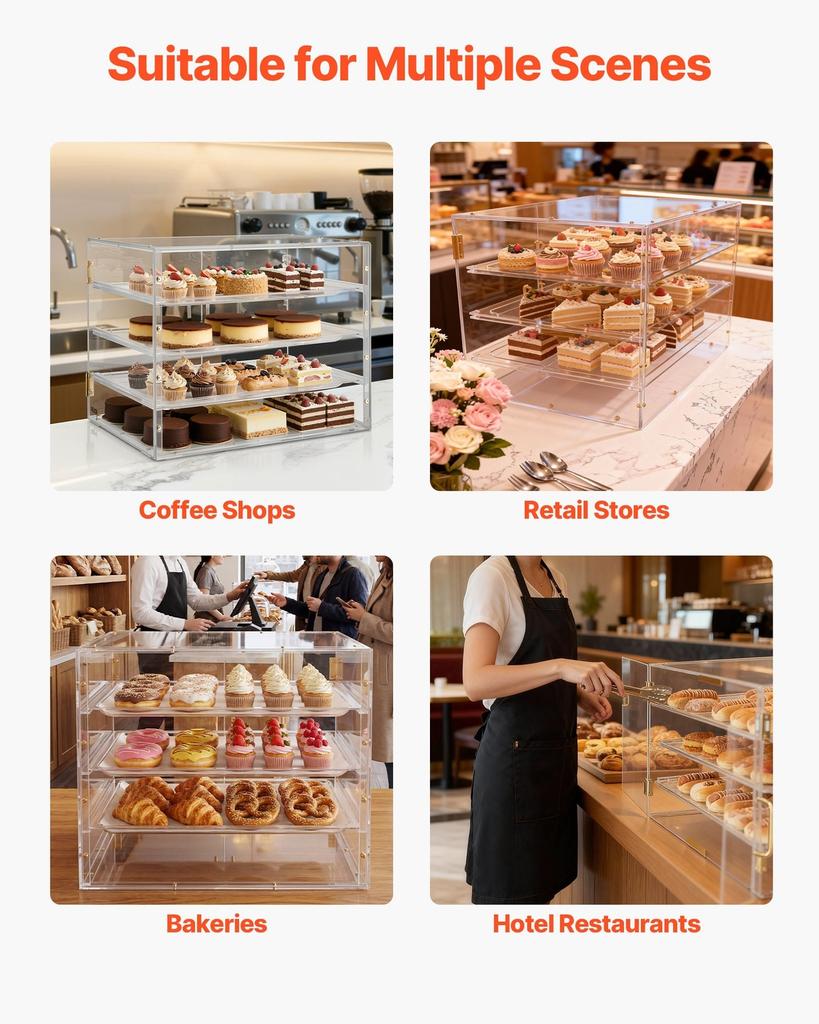 Bakery Display Case, 4-Tier Commercial Countertop Pastry Display Case, Clear Acrylic Bread Box for Kitchen, Party Cake Cabinet with Magnetic Rear Door