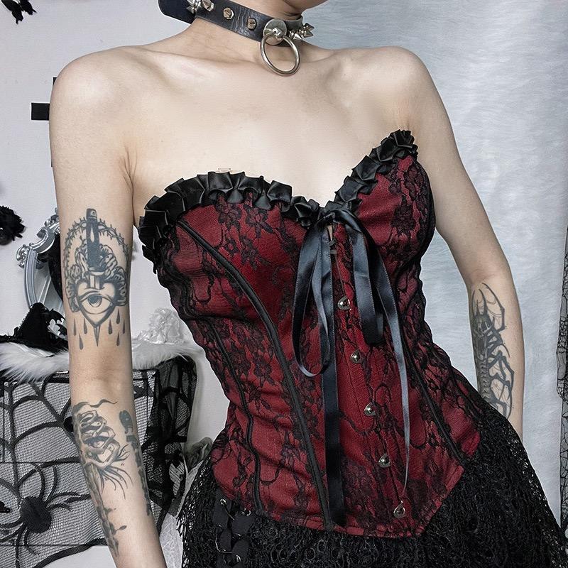 GlowGirl Top Corti in Pizzo Rete Gotico Neri Sexy con Spalline Sottili Corsetto Goth Punk Grunge Fairy Core Halloween Y2K Estetica Abbigliamento