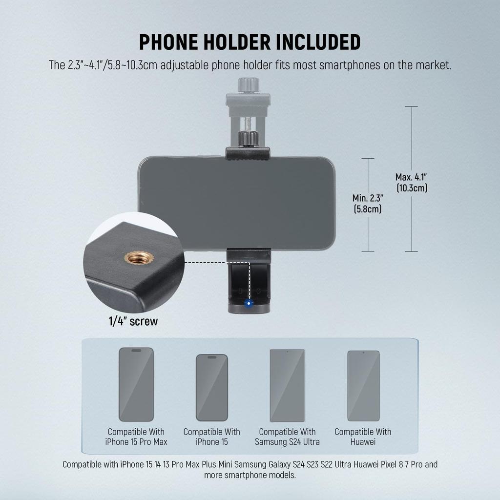 NEEWER TP05 Basic 189cm Video Tripod Monopod Aluminum 3-Way Pan Tilt Head Bluetooth Remote Overhead Shooting Smartphone Holder Black 8kg Load