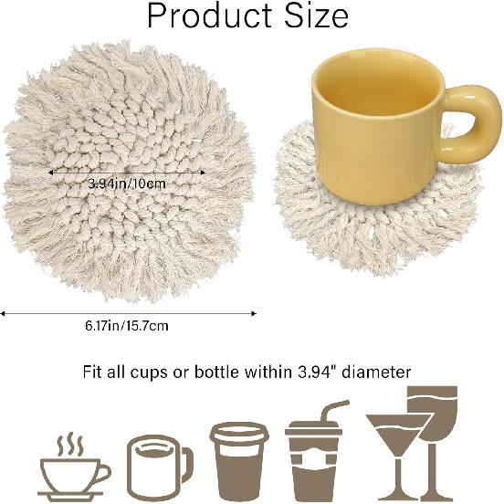 2 Pcs Handmade Coasters with Tassels for Drinks Absorbent Boho Coasters Set White Cotton Coaster for Mugs Cups, Housewarming Present Tabletop