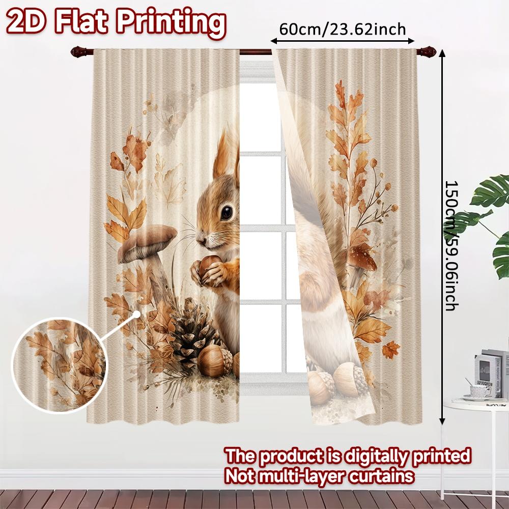 2pcs, 2D FLAT PRINTING Curtains (Without Rod) Autumn Squirrel Christmas Holiday Curtains Semi-Sheer Curtains Decorations Inside