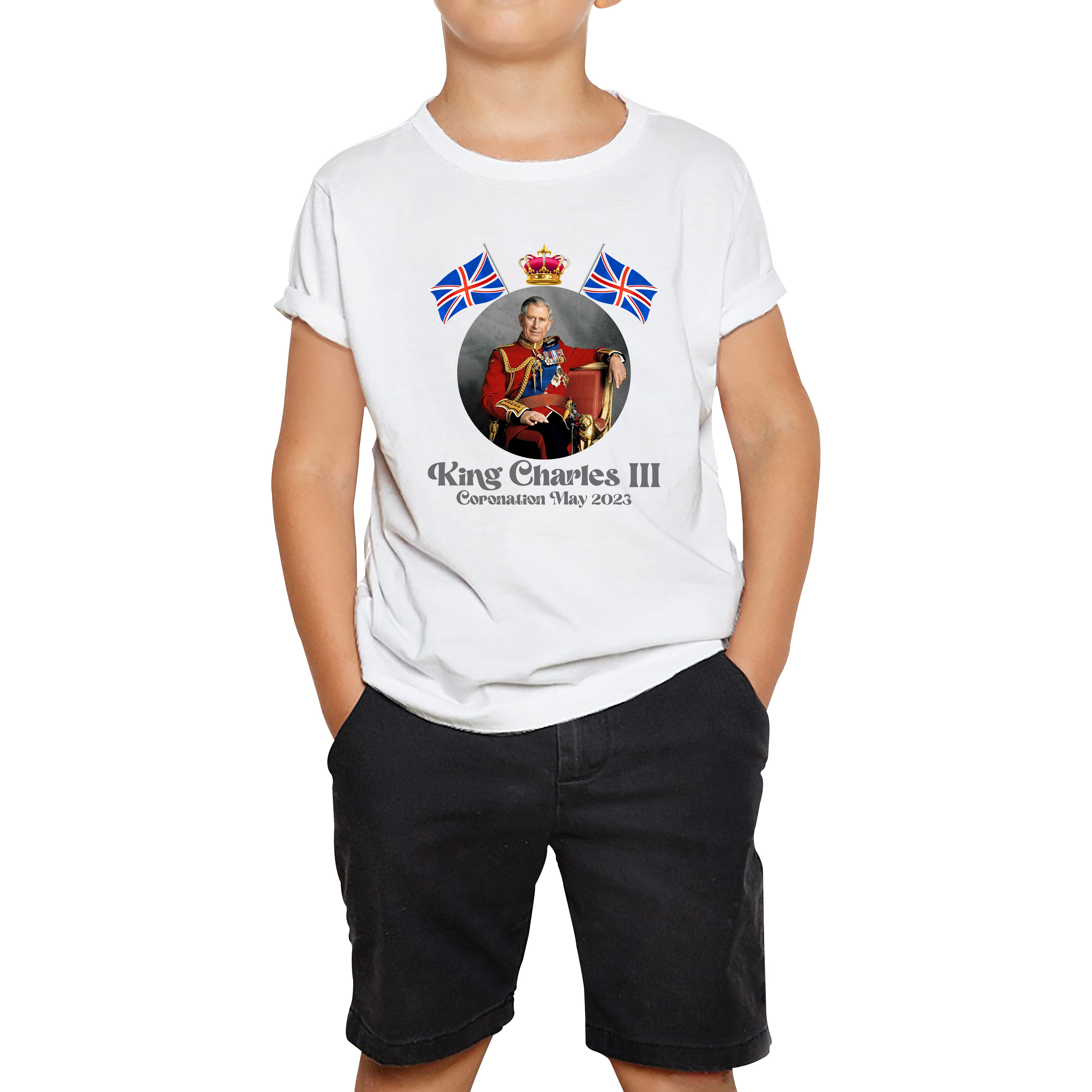 

King Charles III 6th May 2023 Coronation British Flags Royal Crown CR III Union Jack His Majesty Kids T Shirt 150