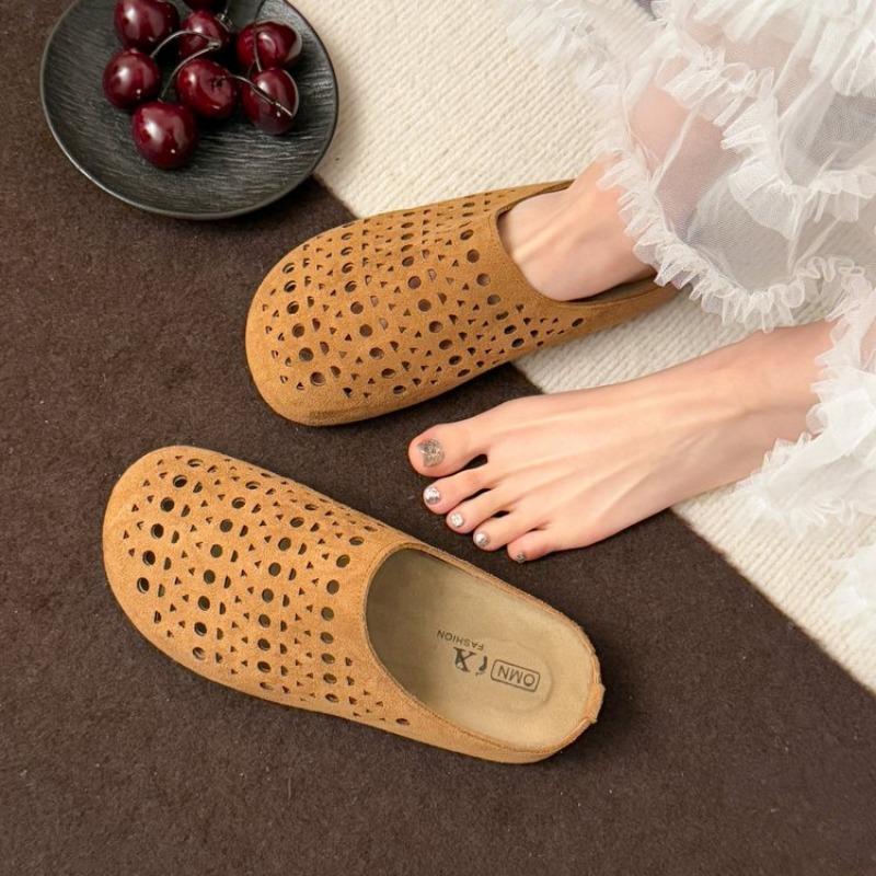 Fashion Baotou Hollow Out Fretwork Suede Leather Solid Concise Half Slippers Women Round Toe Pull on Muller Beach Shoes Females