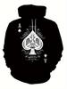 Mens Retro 3D Ace of Spades & Hearts Poker Print Hooded Sweater | Loose Fit Streetwear Jacket with Card Suits Design (Spades Heart