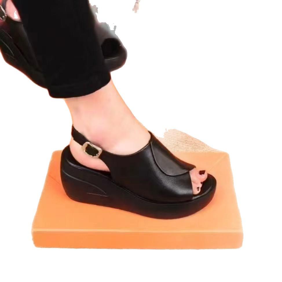 2025 summer new real soft leather slope heel cool slippers women wear fashion Internet celebrity muffin thick bottom one word cool slippers