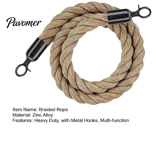 Rope with Metal Hooks 1/1.5/2M Natural Braided Jute Rope, Heavy Duty Woven Twine Barrier for Crafts, Queue Crowd Control