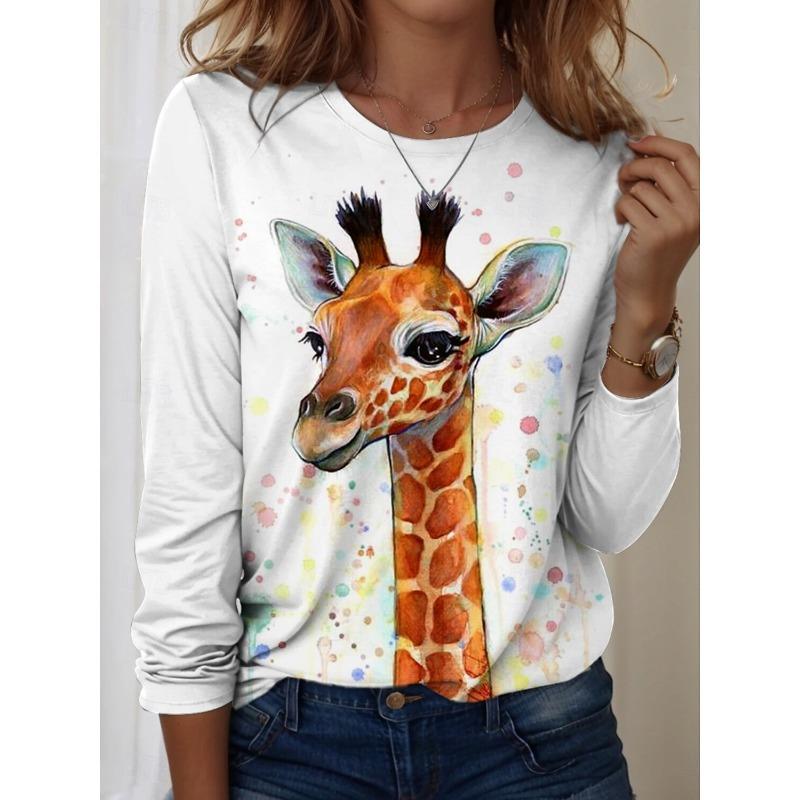Damen T-Shirts Grafisch Tier Giraffe T-Shirts Mode Stilvoll Langarm T-Shirts Rundhals Normale Oberteile Sommer