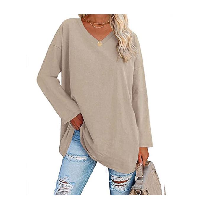 Super Large Multi-color Loose V-neck Women's T-shirt with Drop Shoulder Sleeves