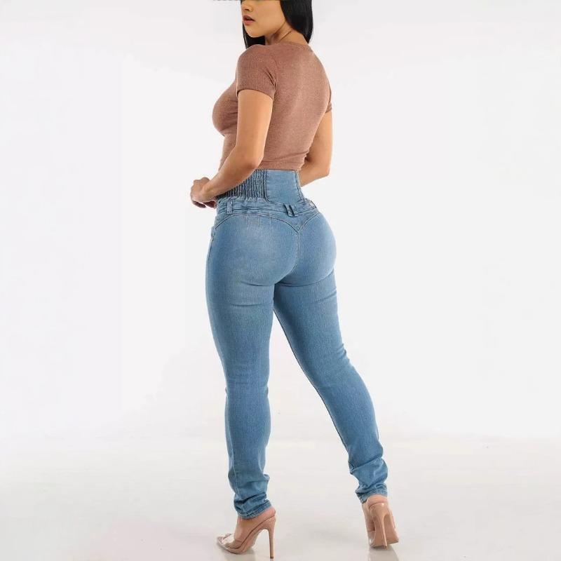 Women High Waist Stretch Slimming Pencil Button Hip Lift Long Denim Jeans