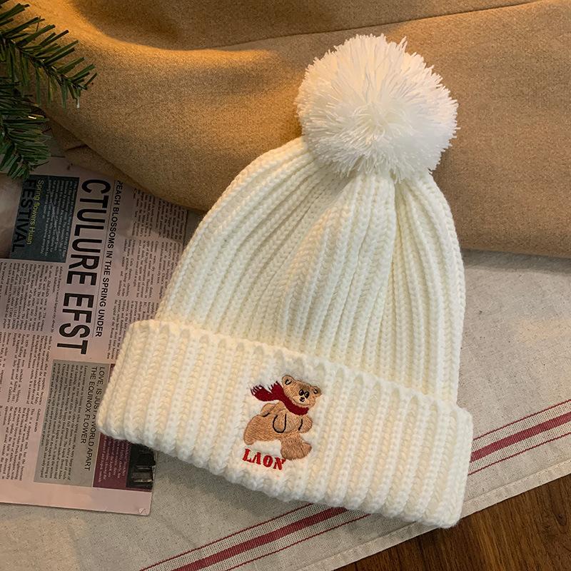 Cute Bear Coffee-colored Knitted Wool Hat for Women's New Winter Warm and Thickened Face Small Ear Protection Hat Tide