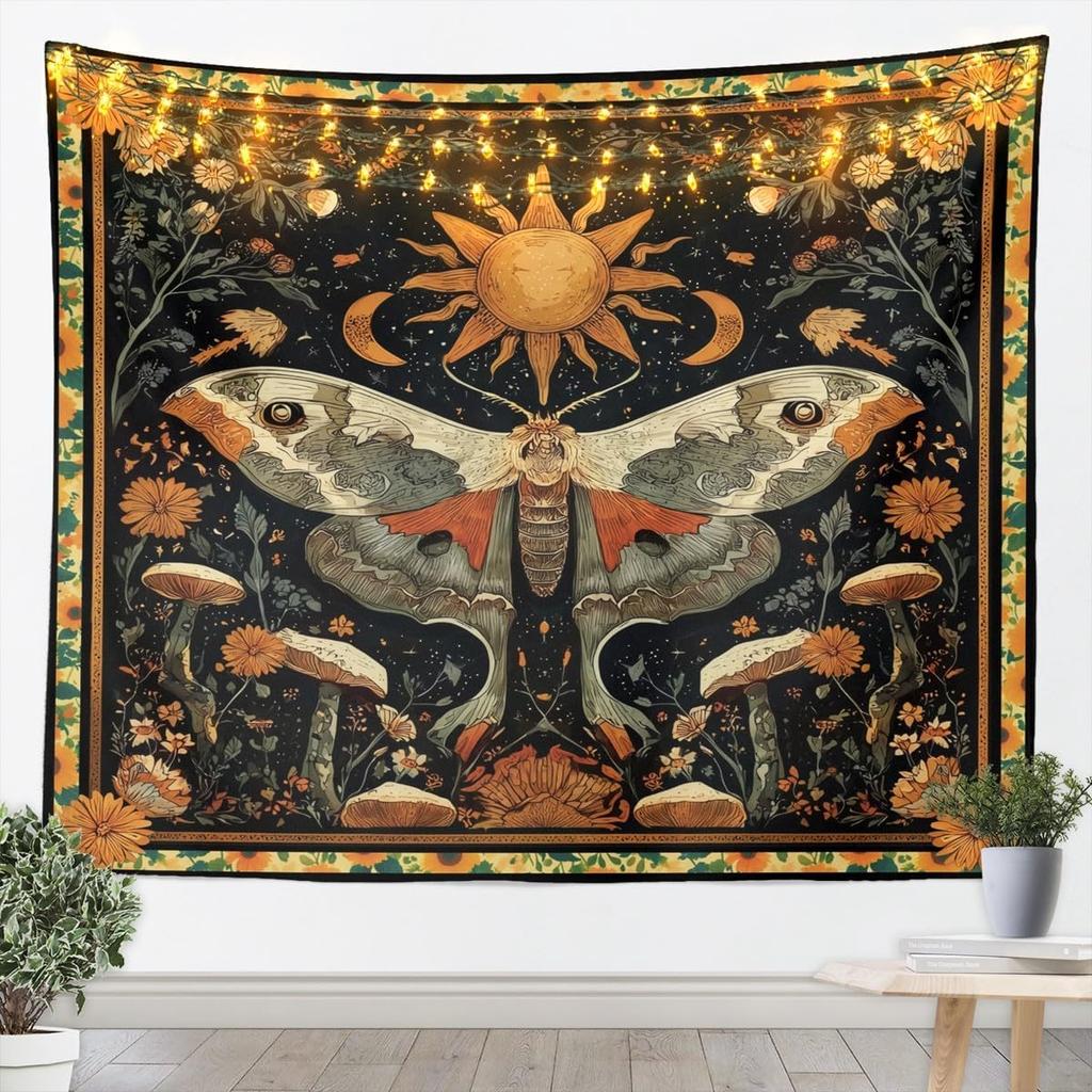 Halloween Boho Moth Tapestries Gothic Nature Wall Tapestry Boho Exotic Vintage Floral Black Wall Art For Kids Teens Youth Women