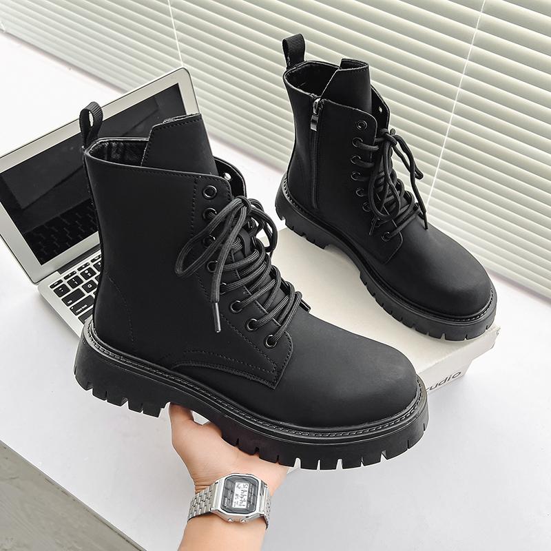 New Fashionable British Style Thick Sole Mid Top Boots for Men's Lace Up Boots Classic Black High Top Comfortable Outdoor Shoes