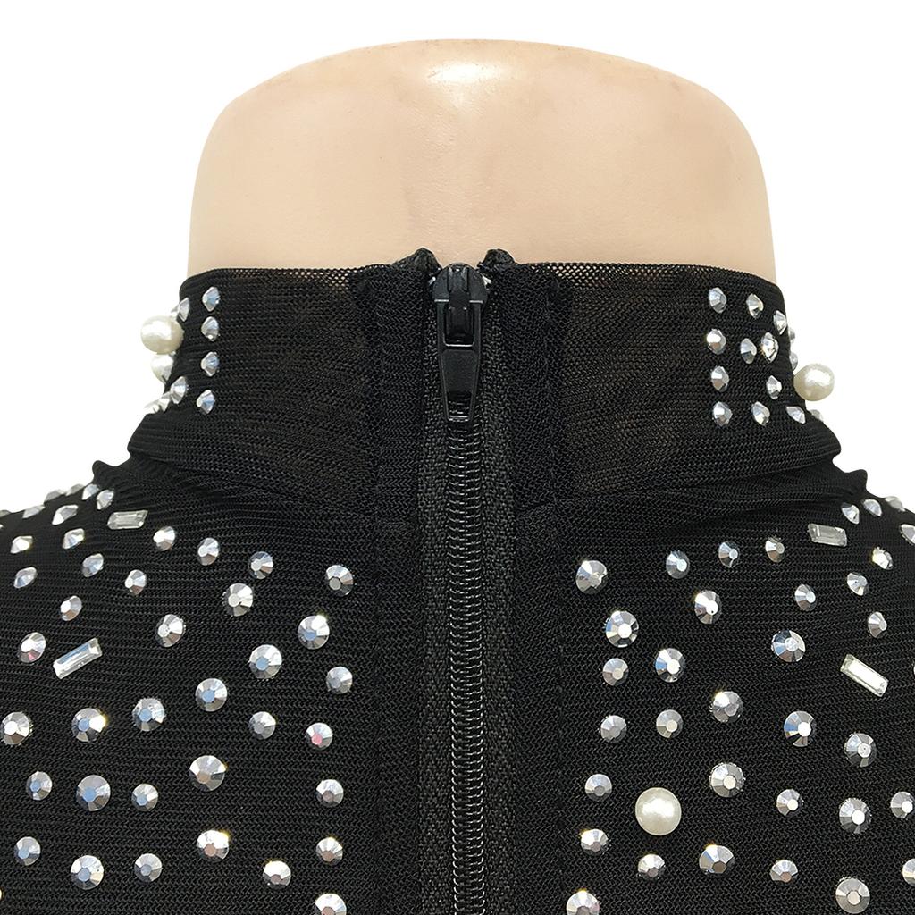 Seksowna sukienka na imprezę w klubie nocnym z głębokim dekoltem w serek, z siateczki diamentowej, przezroczysta, damska odzież