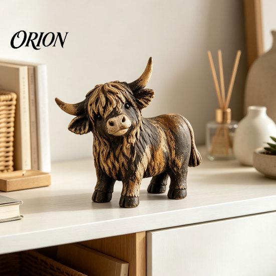 Small Desktop Animal Figurine Farmhouse Highland Cow Figurine, Resin Scottish Bull Statue, Rustic Decorative Accents for Living Room Tabletop