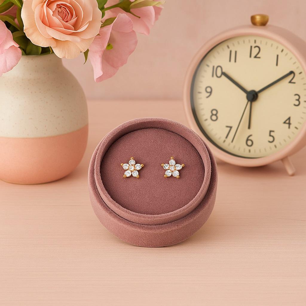 Classic Floral Cluster Stud Earrings - 925 Sterling Silver Yellow Plated