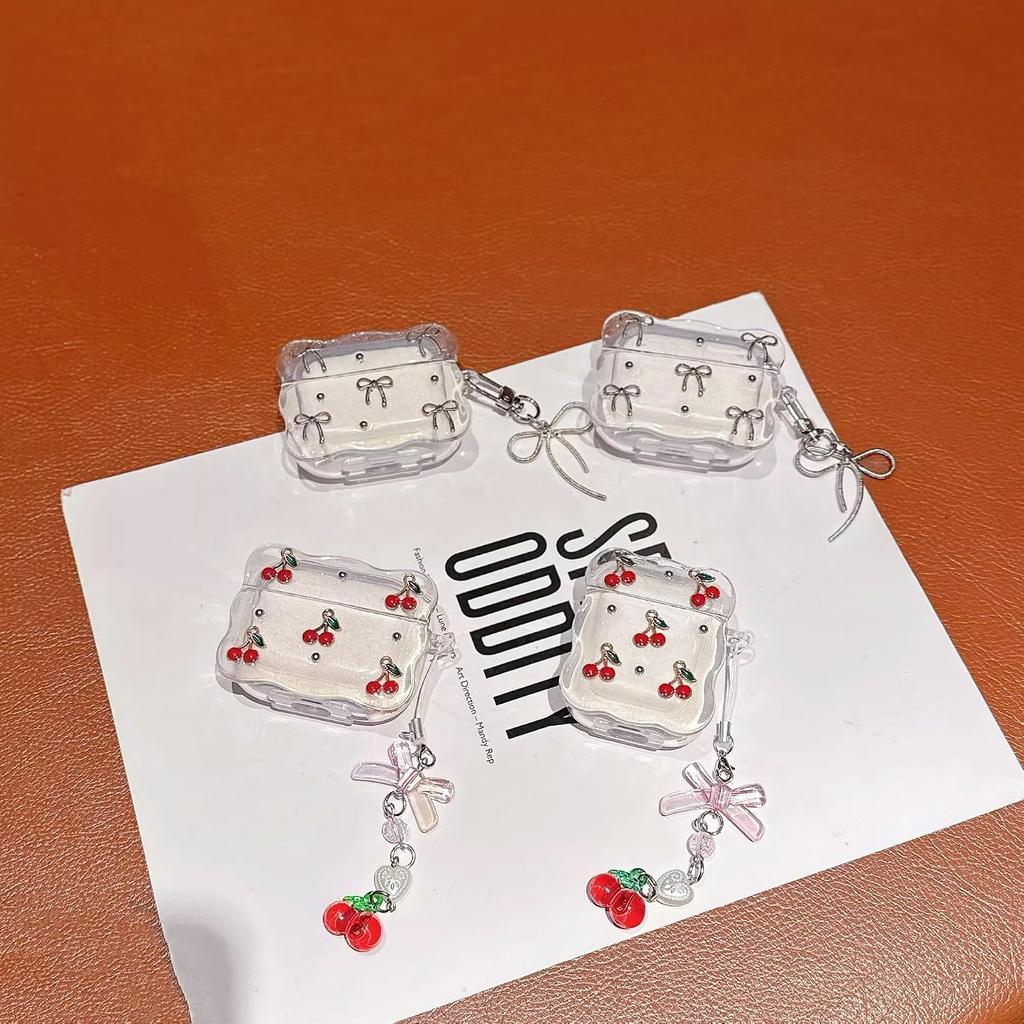 Cute Bow Case Design for AirPods 4 with Bling Bow Tie Keychain for Women Girl,Clear Silicone Soft TPU Shockproof Protective Skin Headphone Cover