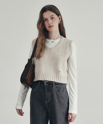 Loeil V-Neck Crop Wool Knit Vest - Oatmeal