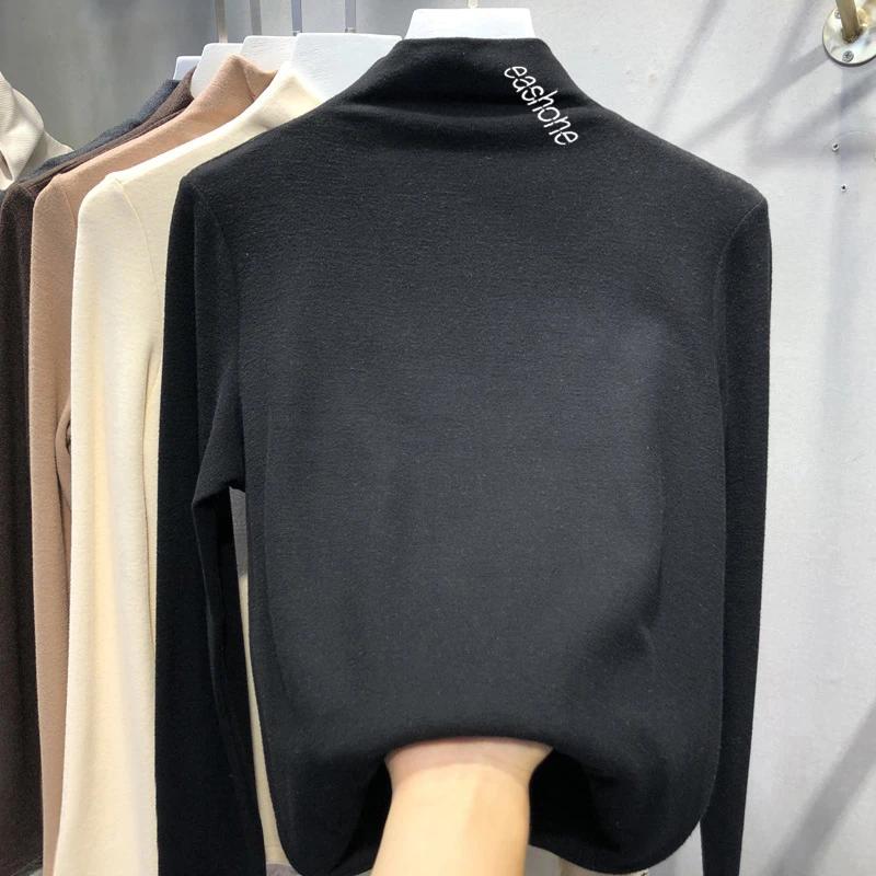 Harajuku Half Turtleneck Casual Slim Fleece Thick Bottoming T-shirt Autumn Winter Velvet Long Sleeve Solid T Shirt Women Top