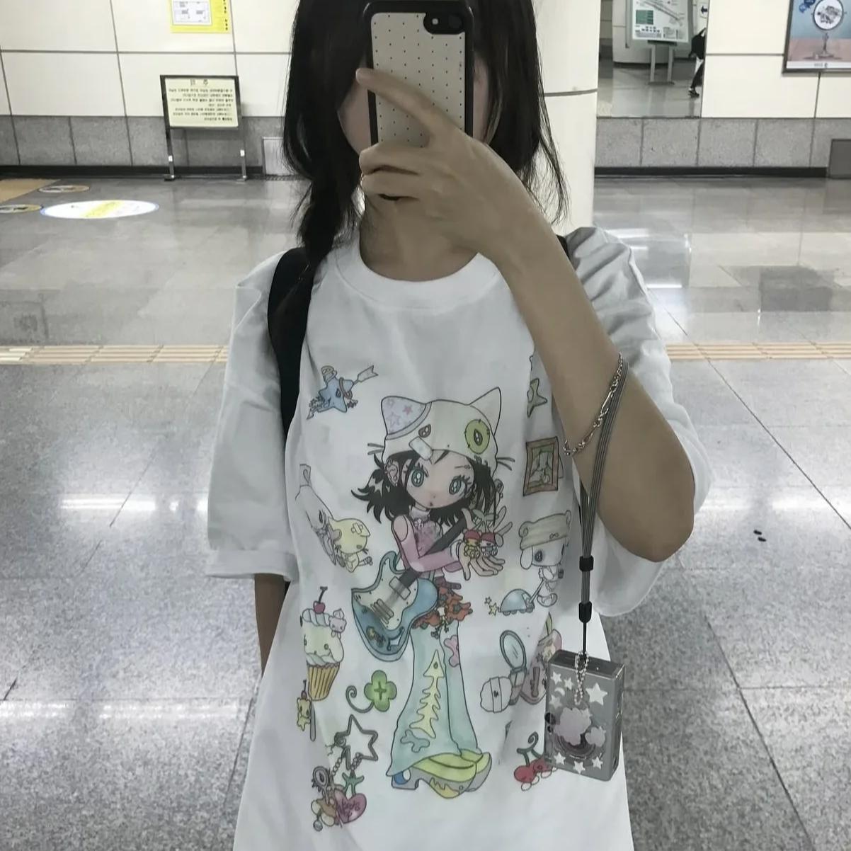 

Тетя Фаньхуа Летняя футболка с принтом девушки Женская Повседневная Круглый вырез Короткий рукав Милая Корейская Сладкая Свободного кроя Повседневные топы 4XL