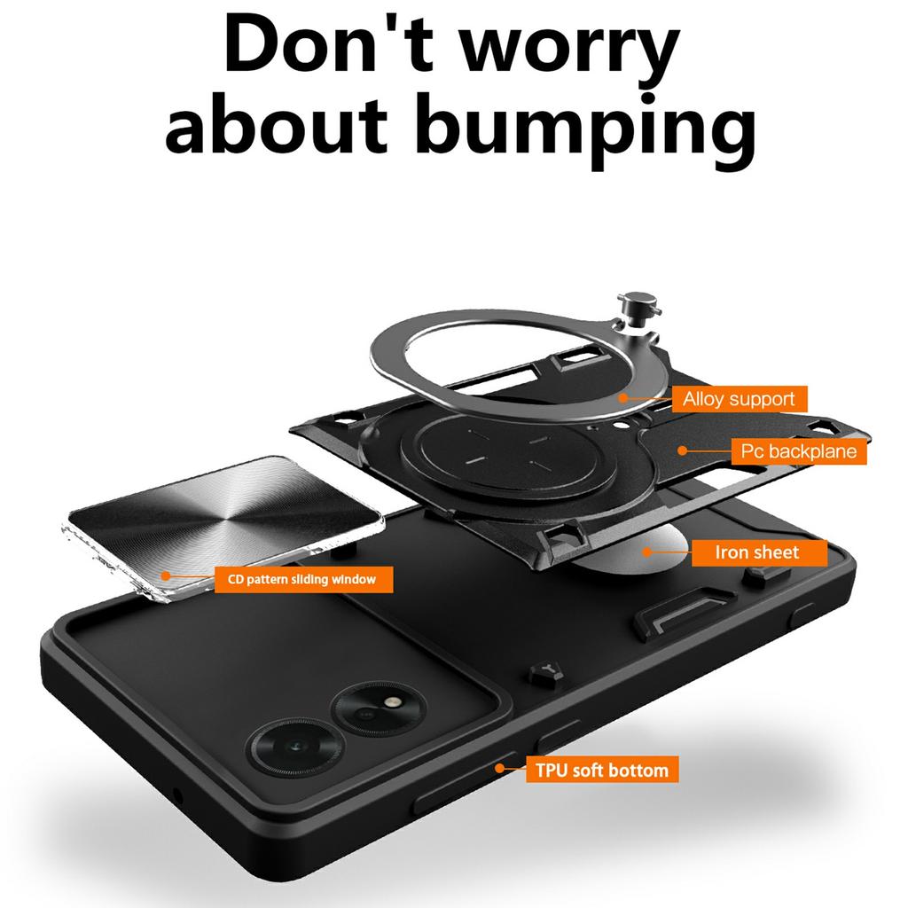 For Oppo A38 4G Kickstand Case Shockproof TPU+PC Phone Cover with Slide Lens Window