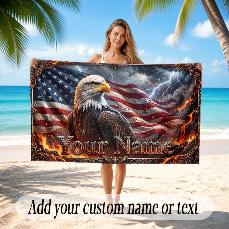 American Patriotic Theme Soft Beach Towel Personalized Custom Name Text Towel Portable for Beach Pool Travel