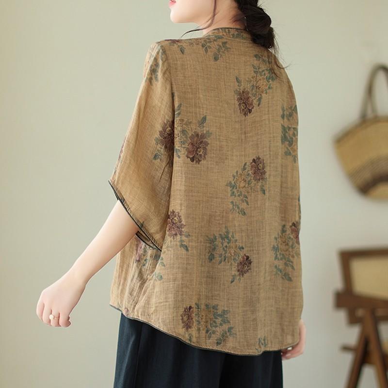 Ženy Letní Košile Ležérní Čínský Styl Vintage Květinová Výšivka Volné Dámské Bavlněné Lněné Topy Košile