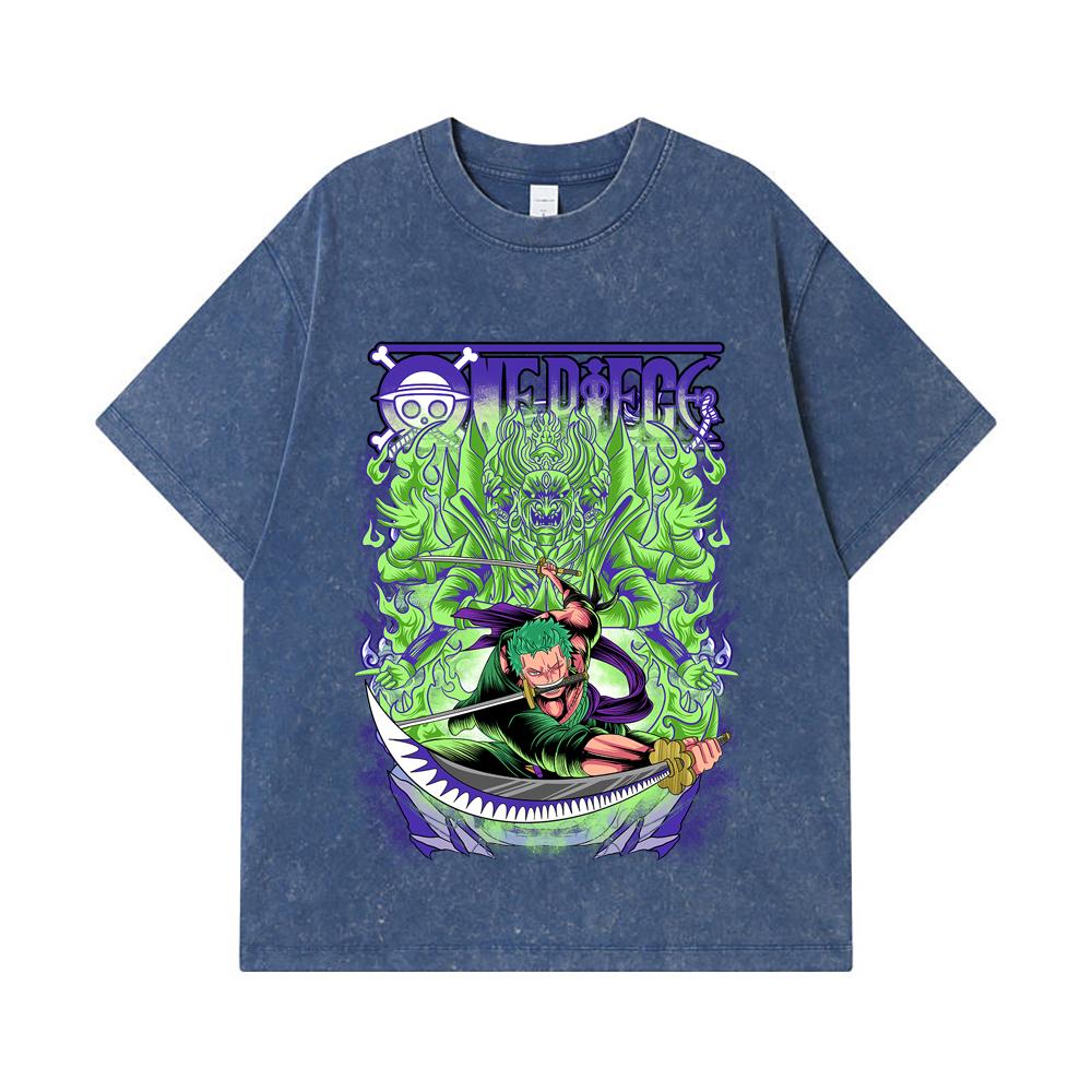 275 GSM Washed T-shirts 100% Cotton One Piece V9 Zoro Print Unisex Heavy Cotton T Shirt
