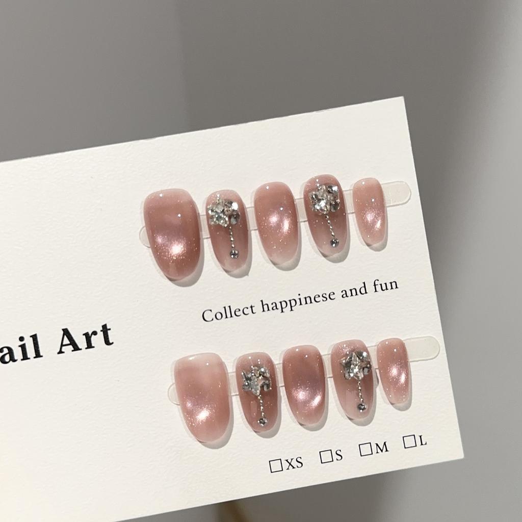 Women Short Press‑On Nails Pure‑Handmade Pink Cat Eye Stacked Rhinestone Light‑Luxury Removable False Nail Patches