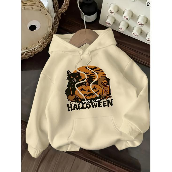 New Women's Casual Fashion Halloween Black Cat & Pumpkin Print Kangaroo Pocket Drawstring Hoodie