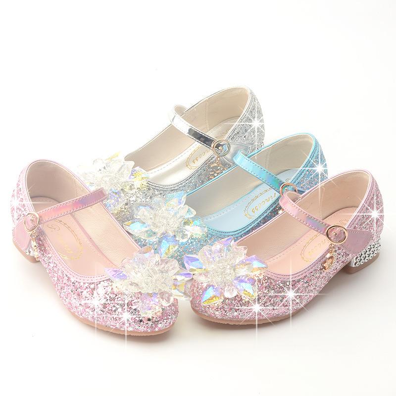 Children's high-heeled shoes for spring and autumn, little girls' shallow single shoes, princess high-heeled crystal shoes, girls' leather shoes,