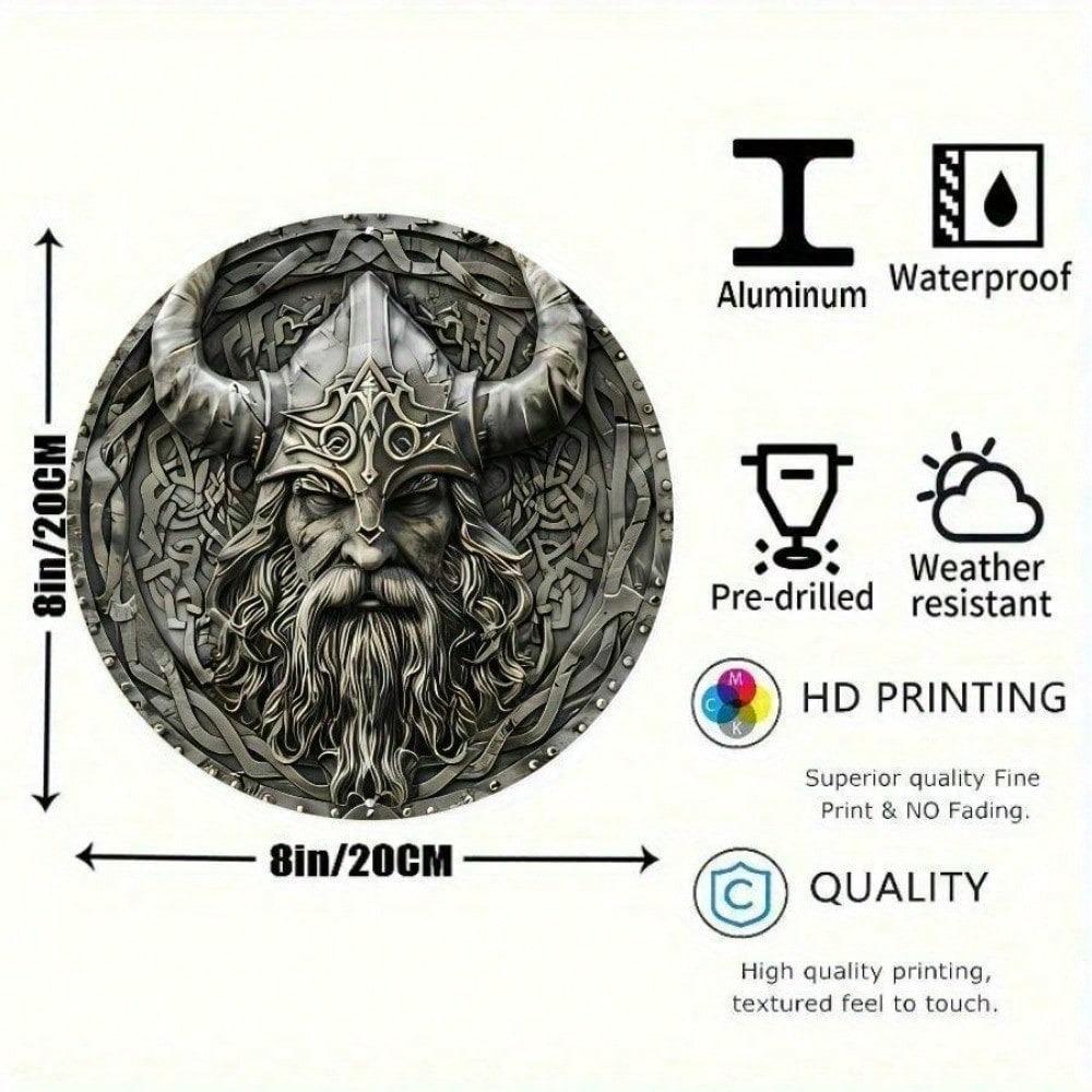 Vintage severský kovový nástěnný umělecký znak Kulatý hliníkový 2D plochý panel Viking válečník helma severská mytologie dekor