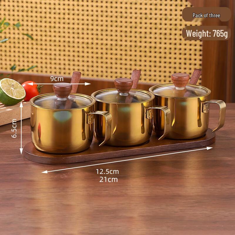 MY304 Stainless Steel Kitchen Seasoning Jar Set 3 Jars with Spoons & Wooden Tray