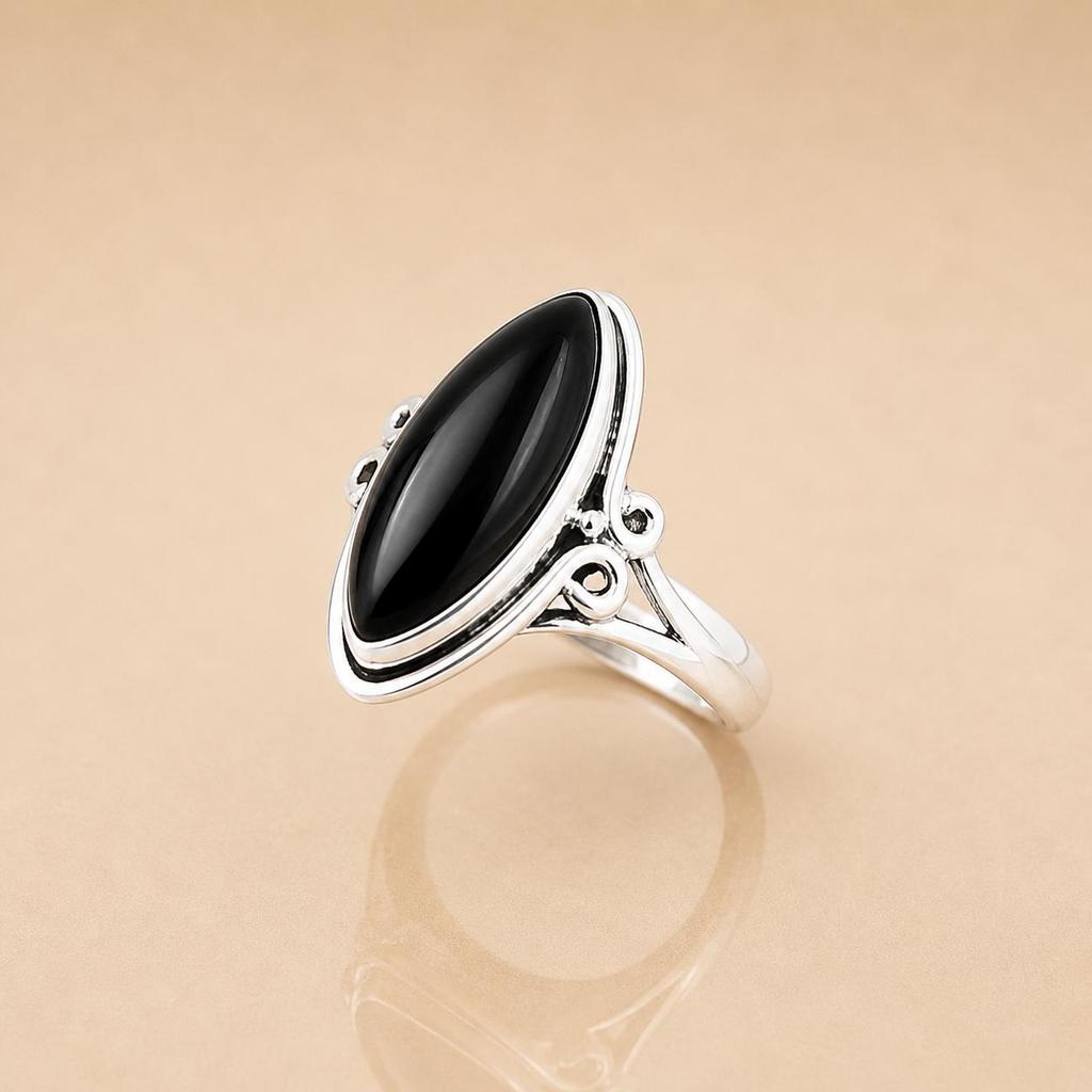 Black Onyx Ring 925 Sterling Silver, Marquise Cabochon Onyx Ring, Handmade Ornate Filigree Statement Jewelry