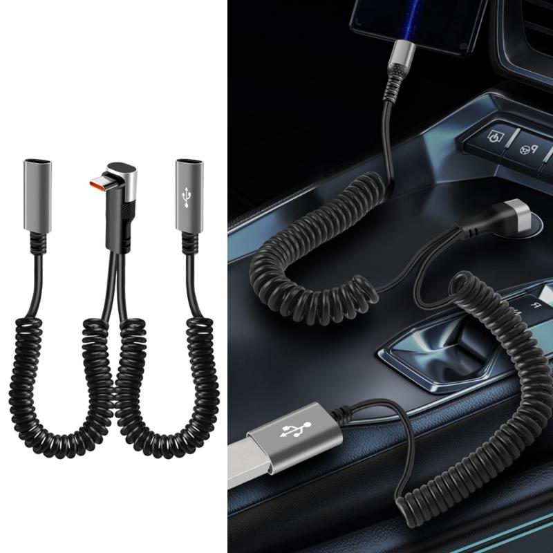 2 in 1 90 Degree Elbow USB Fast Charging Cable 66W Type C Spring Retracted Cable for Latop Car Charging Accessories