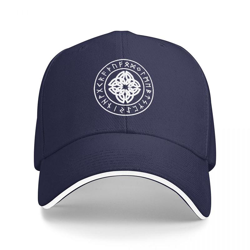 Mystic Symbol Circle Design Black Baseball Cap with White Trim and Intricate Celtic Knot Pattern for Unisex and Women