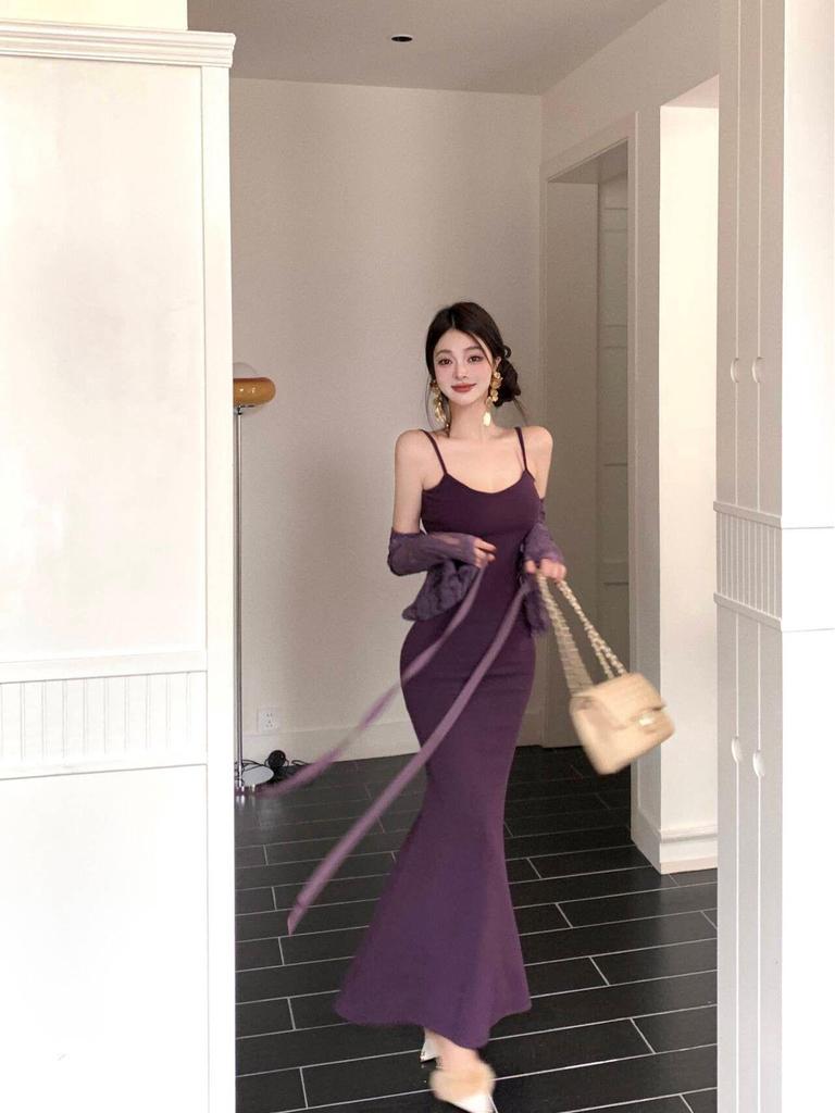 Purple Lace Cardigan & Fishtail Camisole Dress Set - Women's Sexy Autumn Fashion Two-Piece