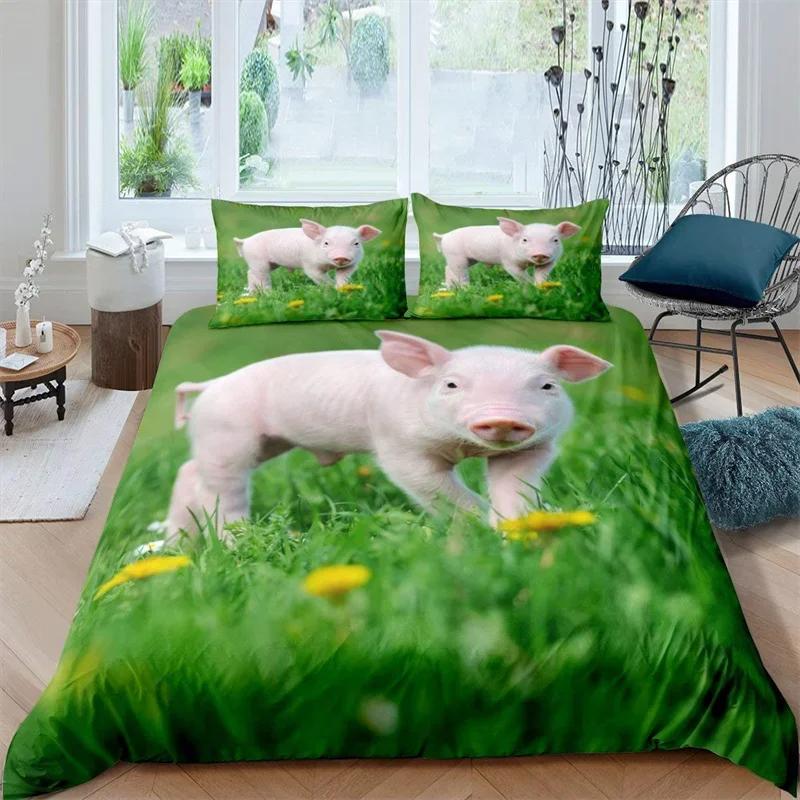 Farm Animal Duvet Cover Kawaii Pig Bedding Set Polyester Pigs Floral Comforter Cover Twin King For Teen Boy Girl Gift Room Decor