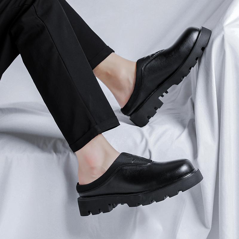 Fashion Fashion Leather Men Slippers High Quality Black Mens Slip-on Lazy Youth Comfy Walking Sandals Slides Half Drag Loafers