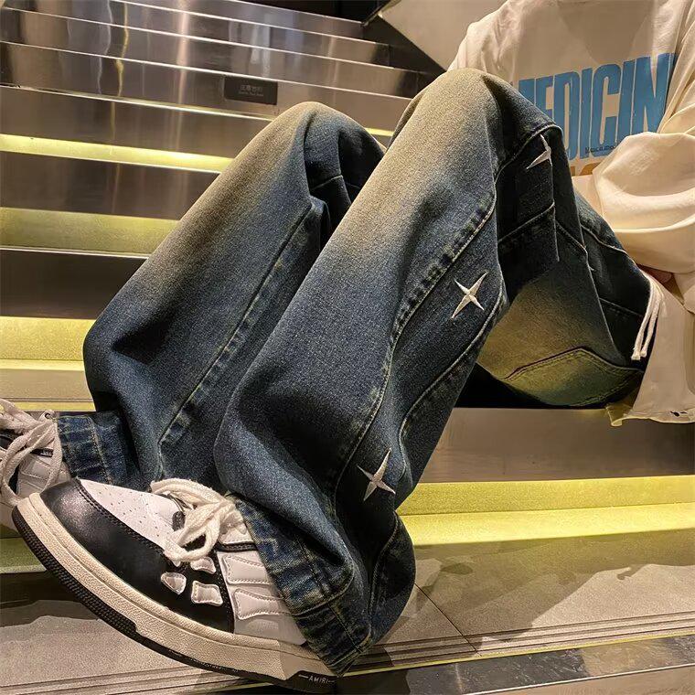 Men's 2024 Retro Distressed Wide-Leg Embroidered Jeans