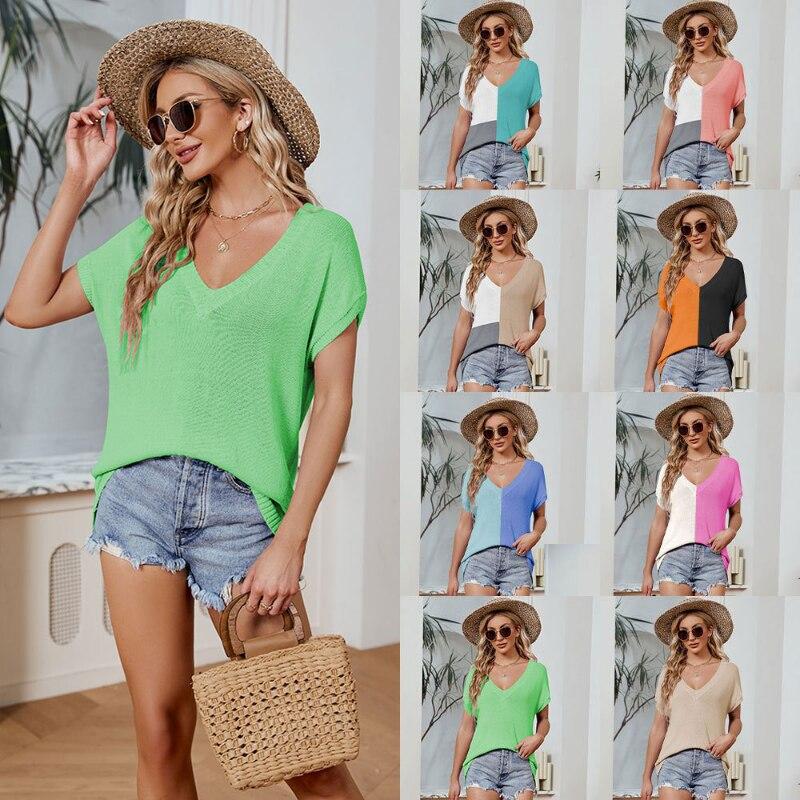 2023 Léto s krátkým rukávem Ležérní tričko Ženy Sexy Top Košile Volný Módní Top S výstřihem do V Jednobarevné Oblečení Elegantní Blusas 25883