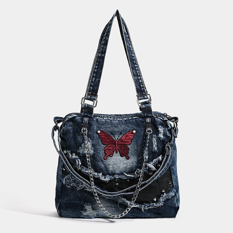 Embroidery butterfly Womens Shoulder Bag Washed Denim Fashion female Messenger Bag Large Capacity chain ladies Handbag totes