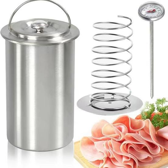 Nerezový lis na uzeniny s vestavěným teploměrem a pružinovým mechanismem, DIY výrobník šunkového salámu, velkokapacitní vařič na šunku
