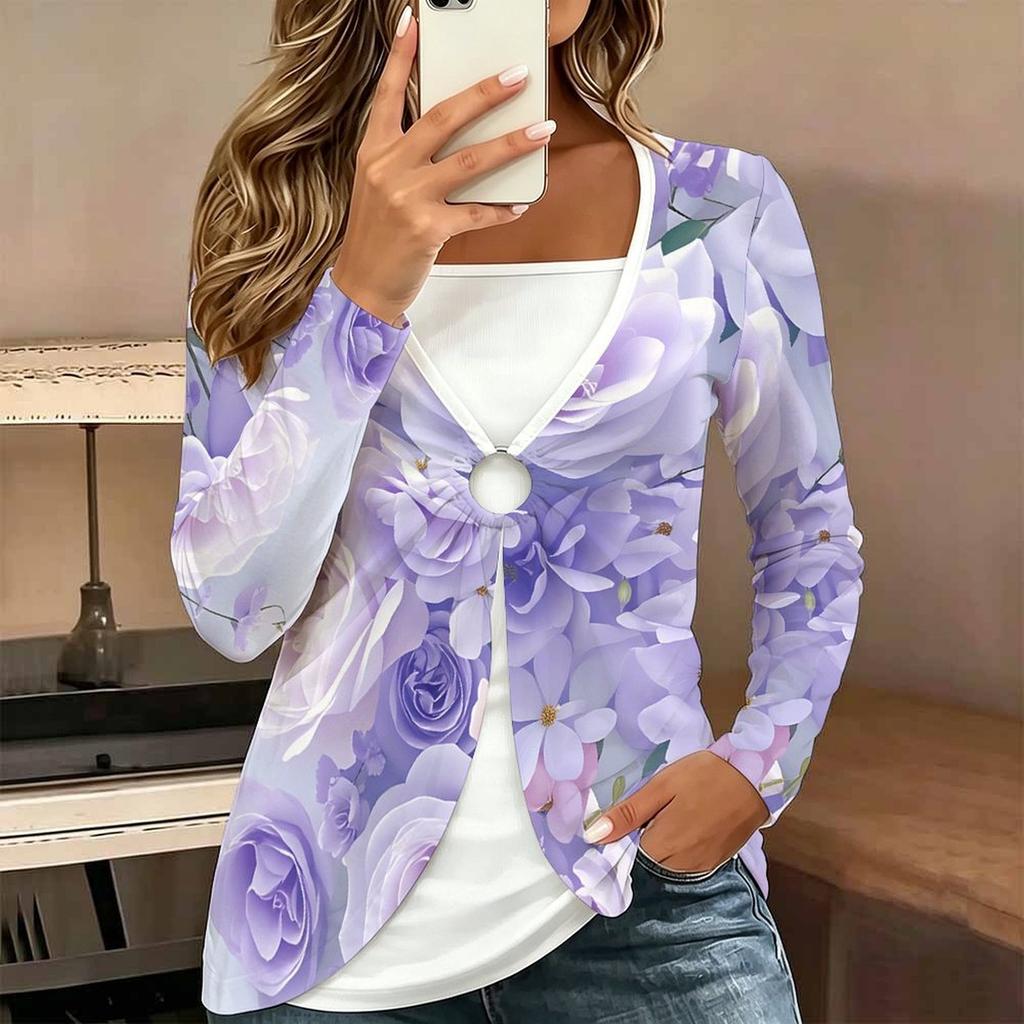 Tops for Women  Floral Print Long Sleeve Fake Two‑Piece Top Fall Casual Slim Pullover Women's Long Sleeve Top
