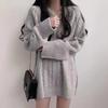 Autumn and winter V-neck mid-length twist ladies pullover sweater skirt, retro large size temperament dark gray ladies all-match sweater 6804#