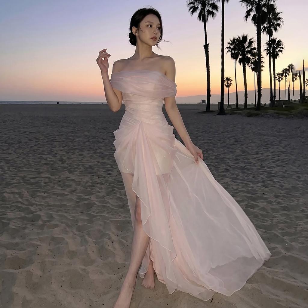 2026 European and American French senior vacation sexy perspective mesh tube top design sense slim temperament dress