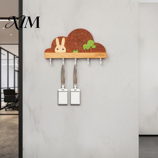Wall Hooks for Leashes Solid Wood Key Holder with 5 Hooks, Decorative Mounted Adhesive Rack, Space Saving Organizer Entryway Kitchen And Office