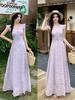 Plus Size Summer 2026 French Retro Purple V-Neck Puff Sleeve Long Dress with Sweet Lace Accents