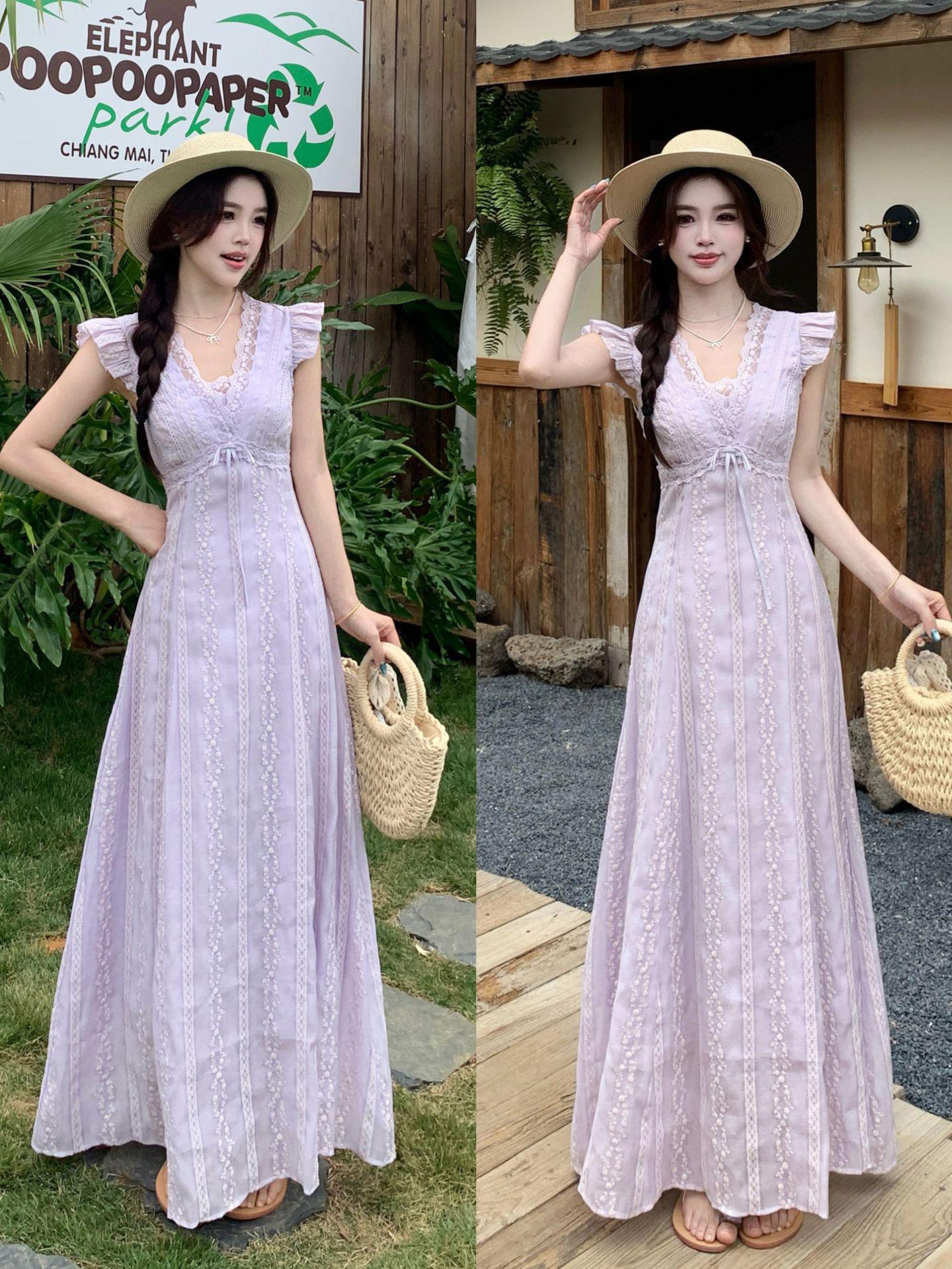 

Plus Size Summer 2026 French Retro Purple V-Neck Puff Sleeve Long Dress with Sweet Lace Accents XXL