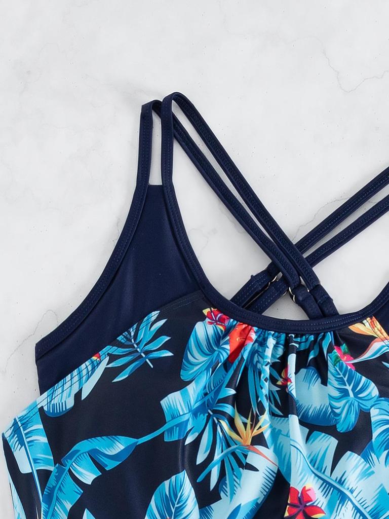 2025 European & American Print Tankini Swimsuit: Conservative Two-Piece with Shorts for Women