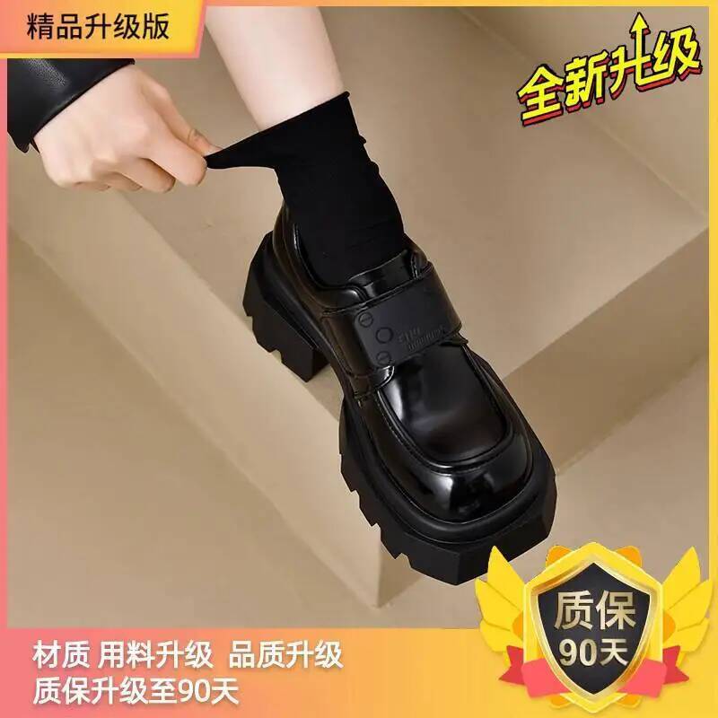 Leather Shoes  New Spring Autumn Women'S Black Loafers Vintage British Style Thick Soled Chunky Heel Jk Leather Dress Shoes